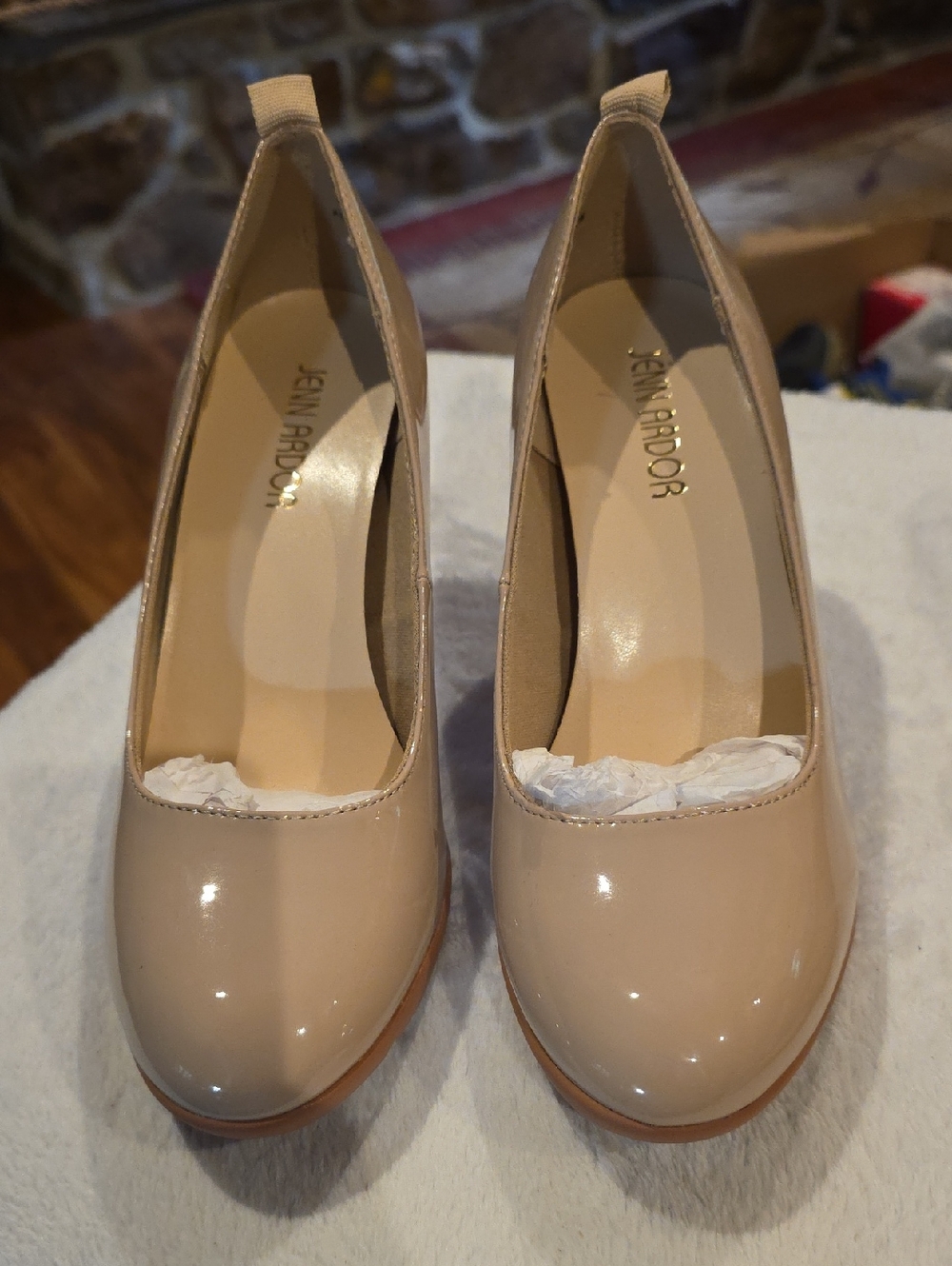 Jenn Ardor Beige Patent Round-Toe Pumps
